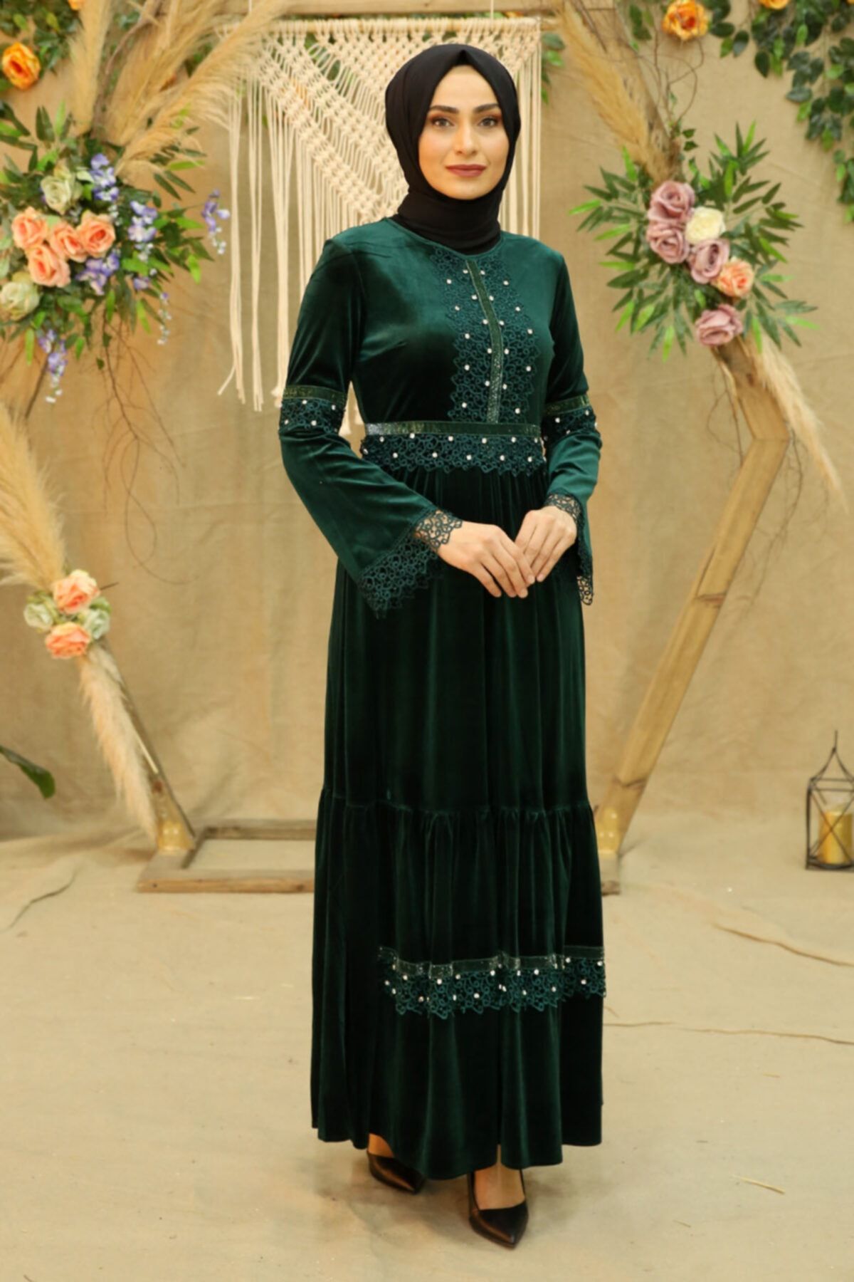 Feiza Collection Taşlı Kadife Tesettür Elbise - Yeşil