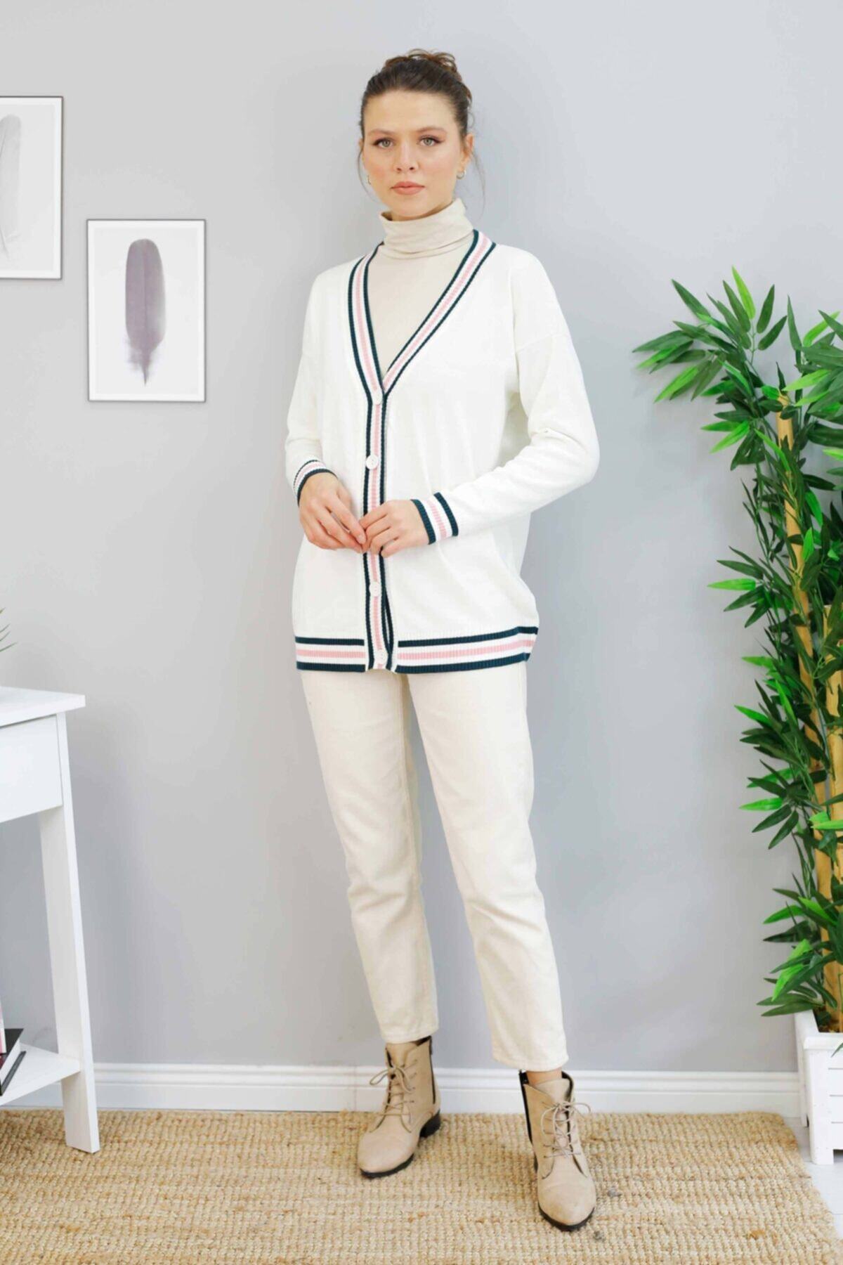 İmajButik Üç Renkli Triko Hırka-beyaz/pudra