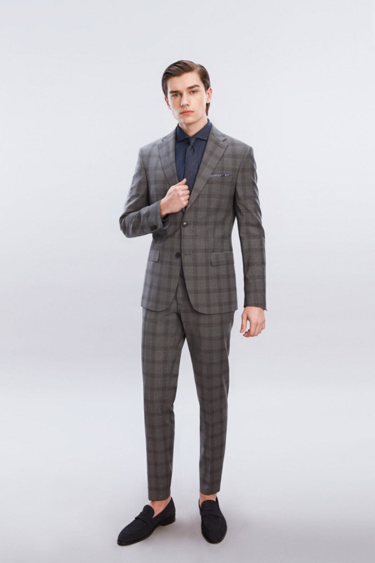 W Collection GRİ MAVİ EKOSELİ TAKIM ELBİSE