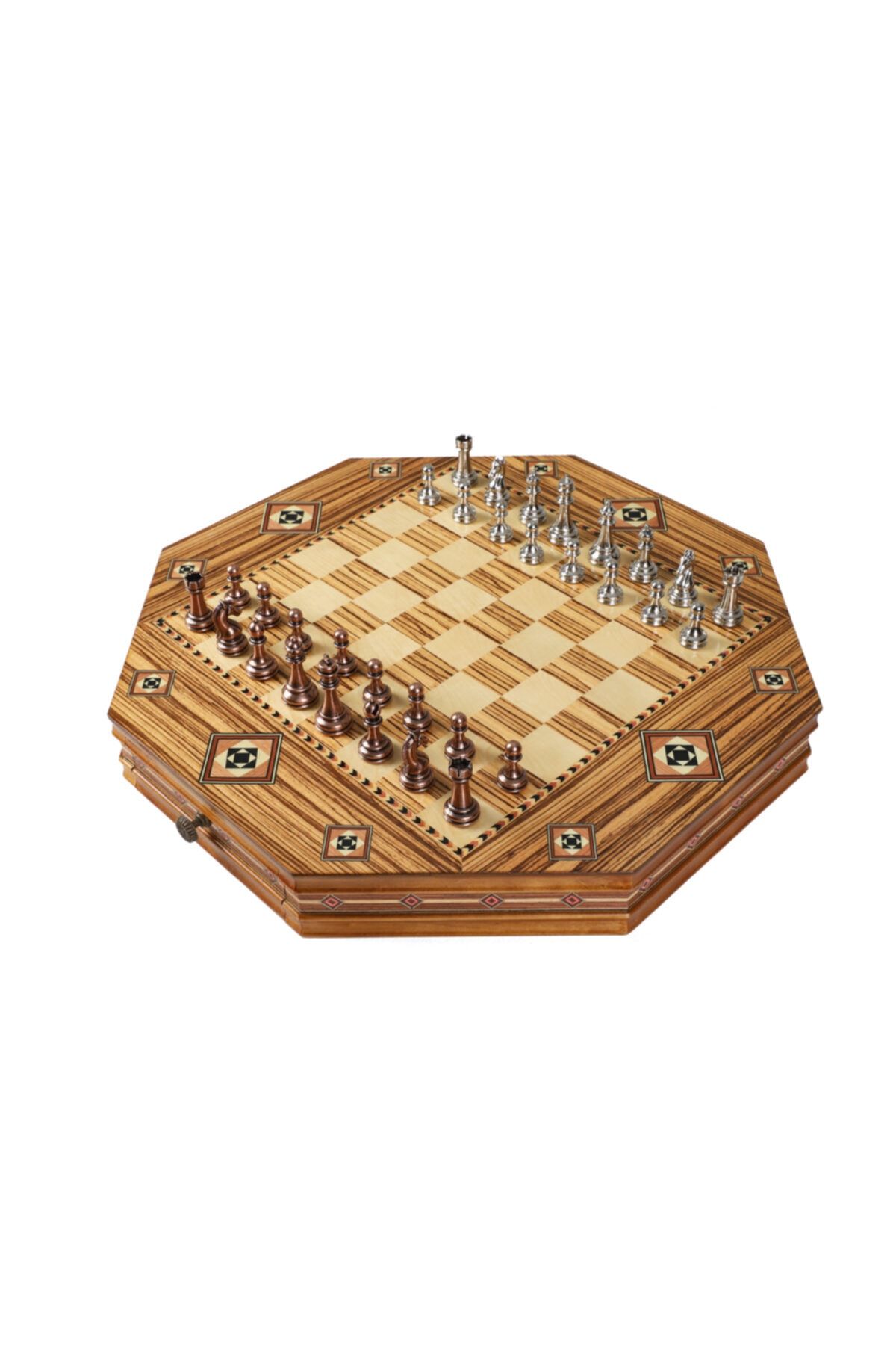 elife shop Lüks Metal Satranç Takımı Krom Kaplama Bronz Set & Özel Işlemeli Sekizgen Saklama Sandığı 2 Set