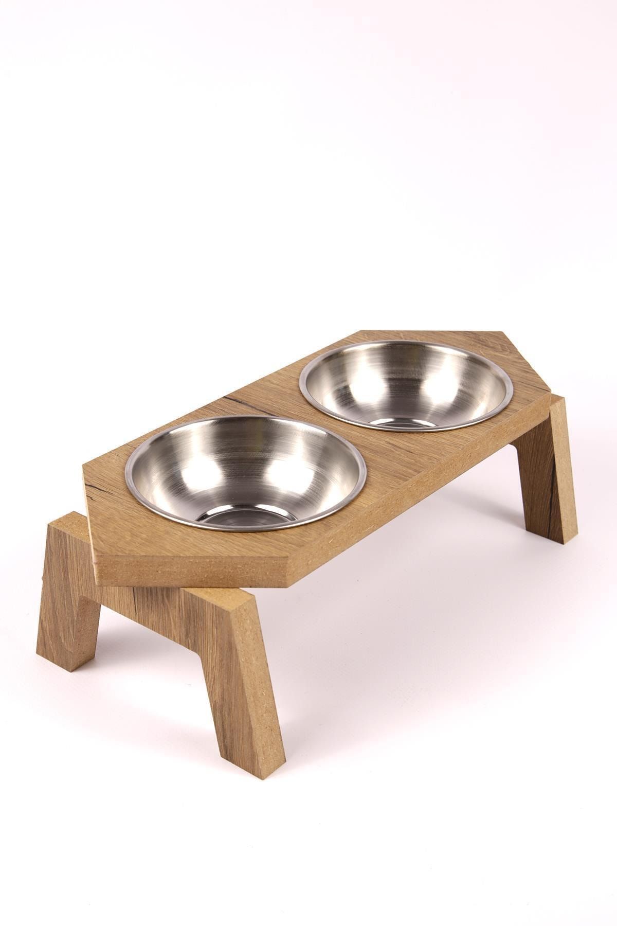 MH MiniHediye Modern Tasarımlı Ahşap Köpek Mama Kabı Kedi Su Kabı Çelik Kaseli