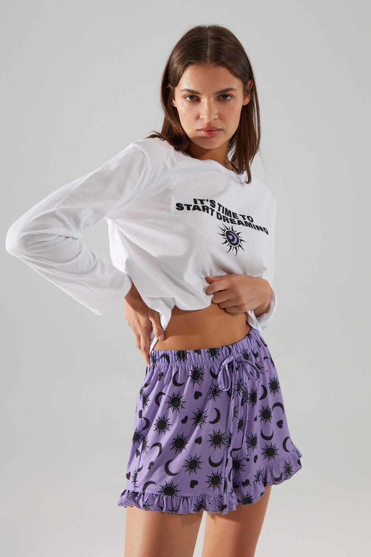TRENDYOLMİLLA Lila Slogan Baskılı Örme Pijama Takımı THMAW22PT0089