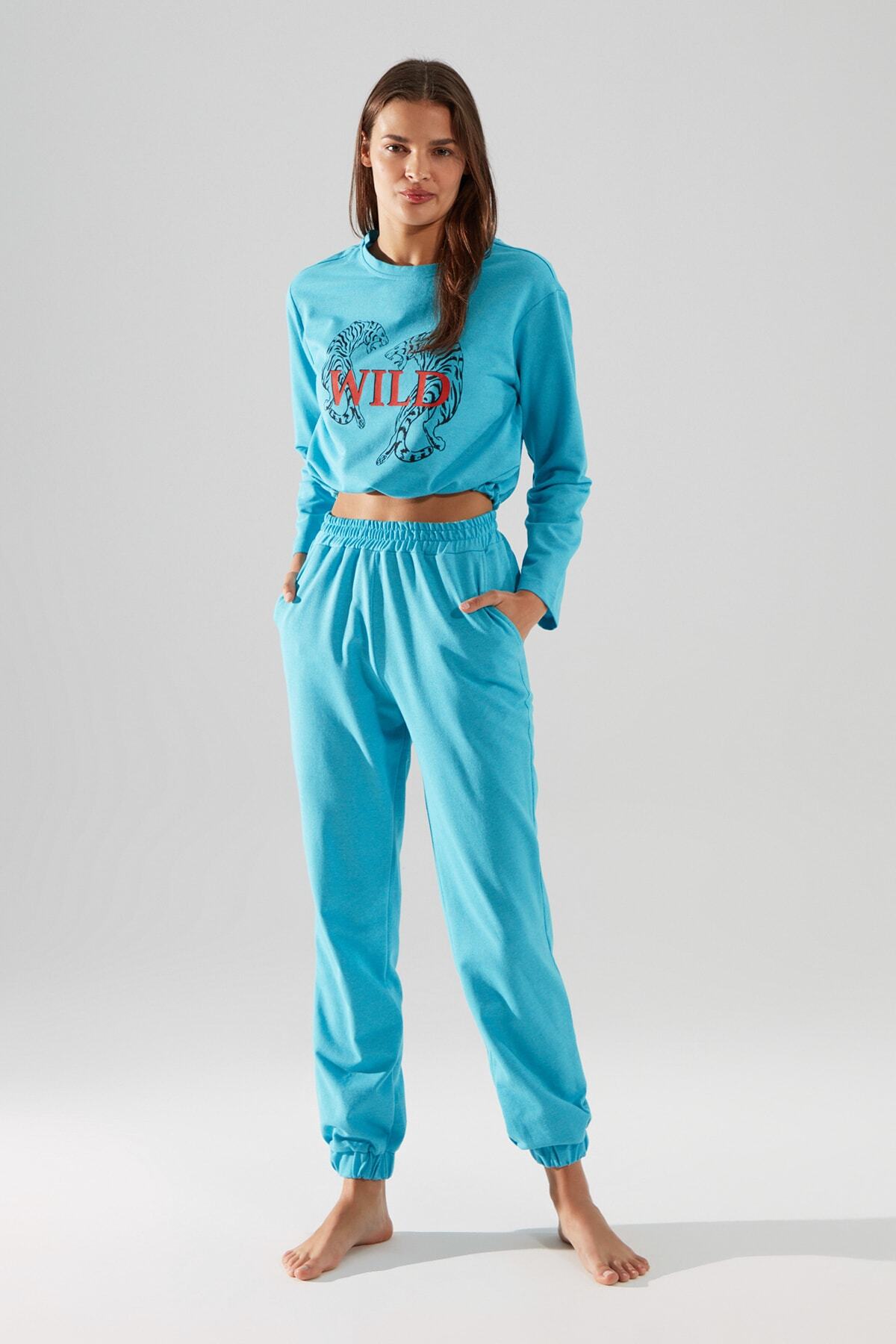 TRENDYOLMİLLA Mavi Recycle Kumaş Örme Baskılı  Pijama Takımı THMAW22PT0238