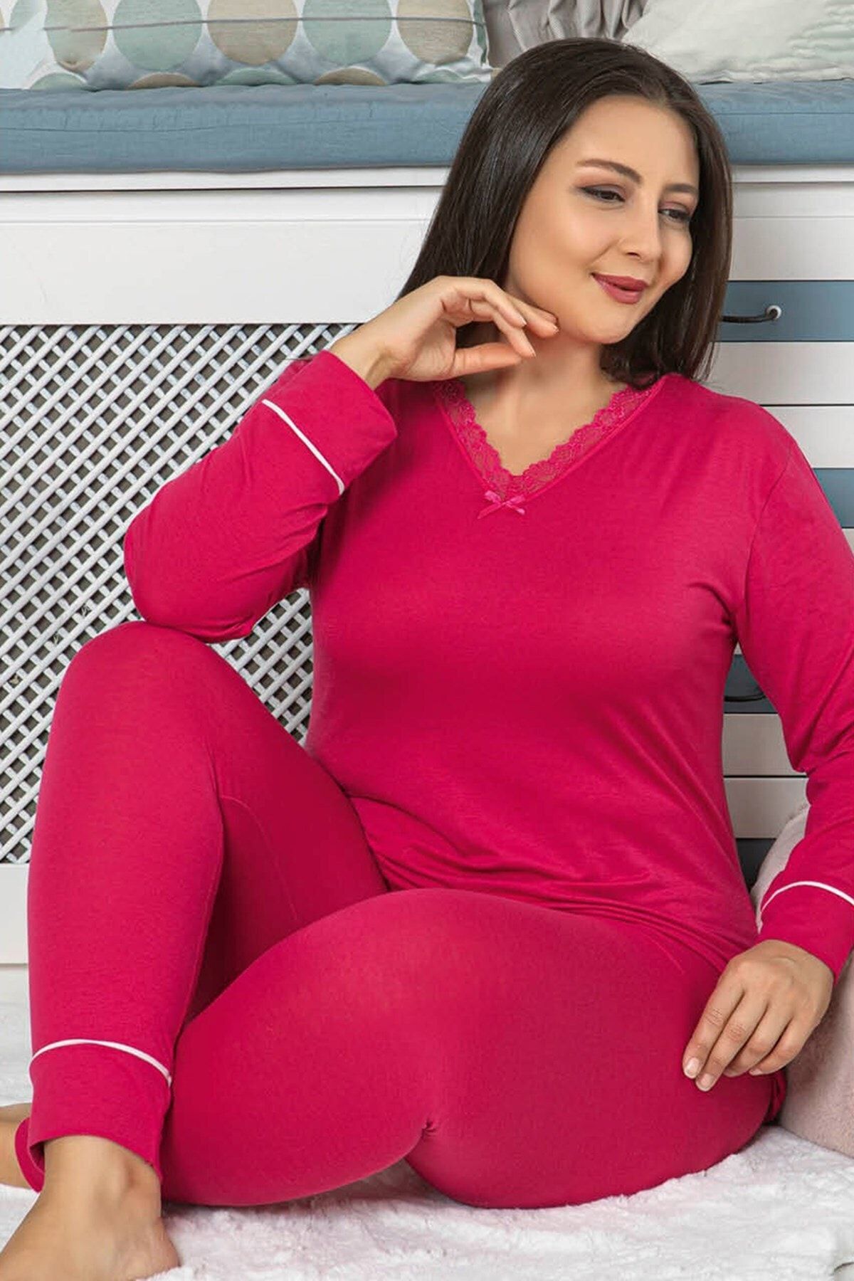 quilling Fuşya Renkli Büyük Beden Pijama Takımı - Jenika 42026 Uzun Kol Battal Pijama Takımı