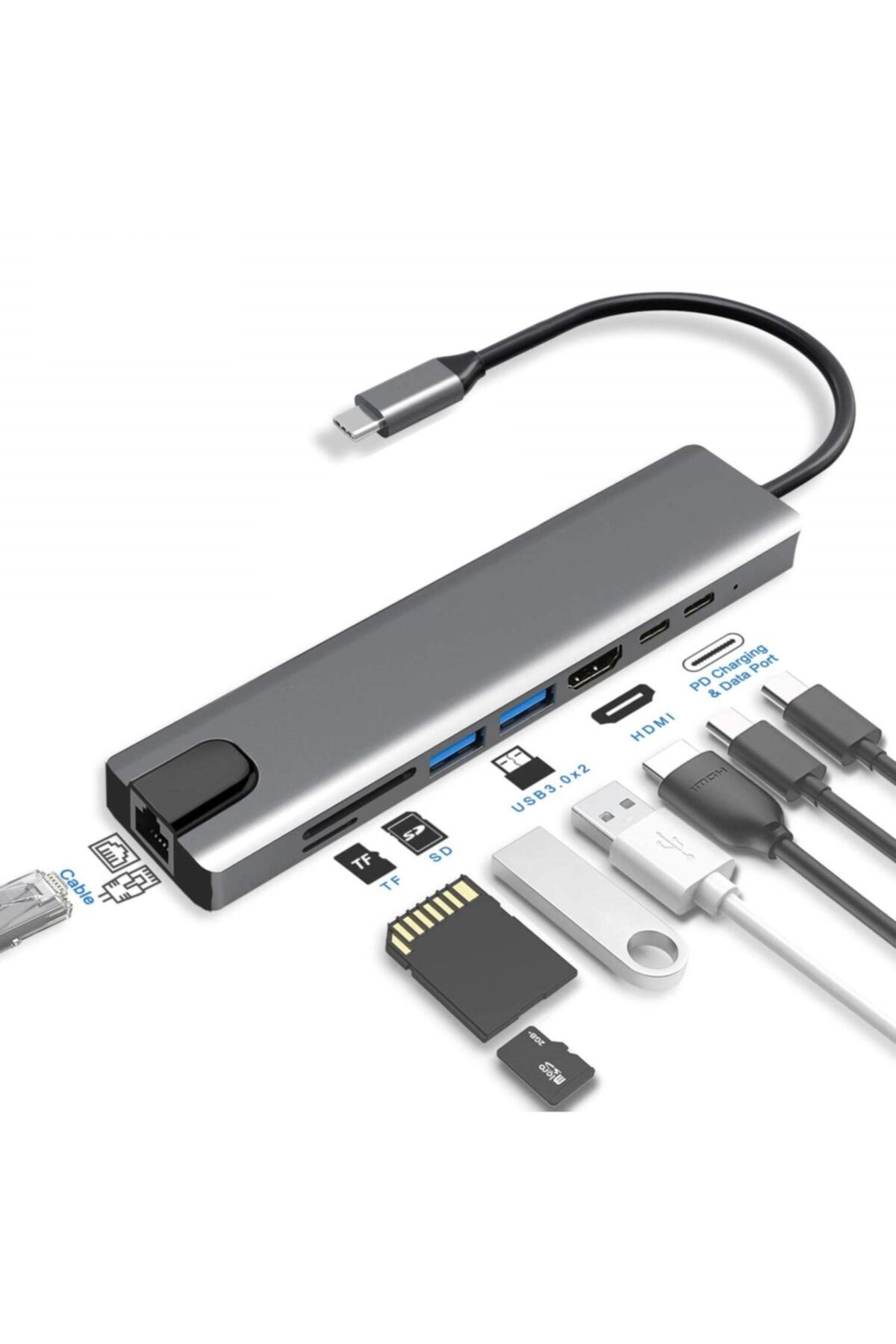 LUX Macbook Uyumlu 8 In 1 4k Type C Usb 3.0 Hub Hdmı Rj45 Sd Tf Adaptörü