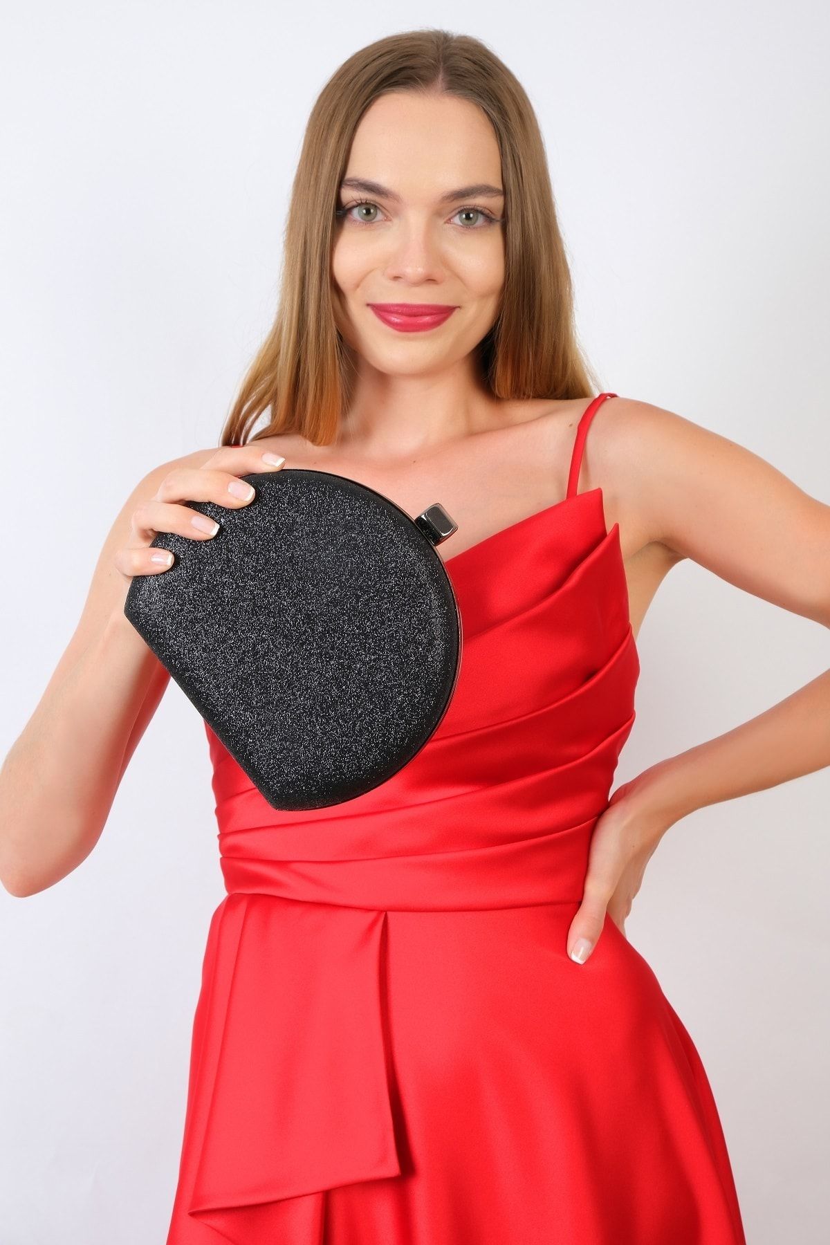 NAZART Kadın Kumsim Siyah Kadın Clutch Portföy Zincirli Abiye El Çantası
