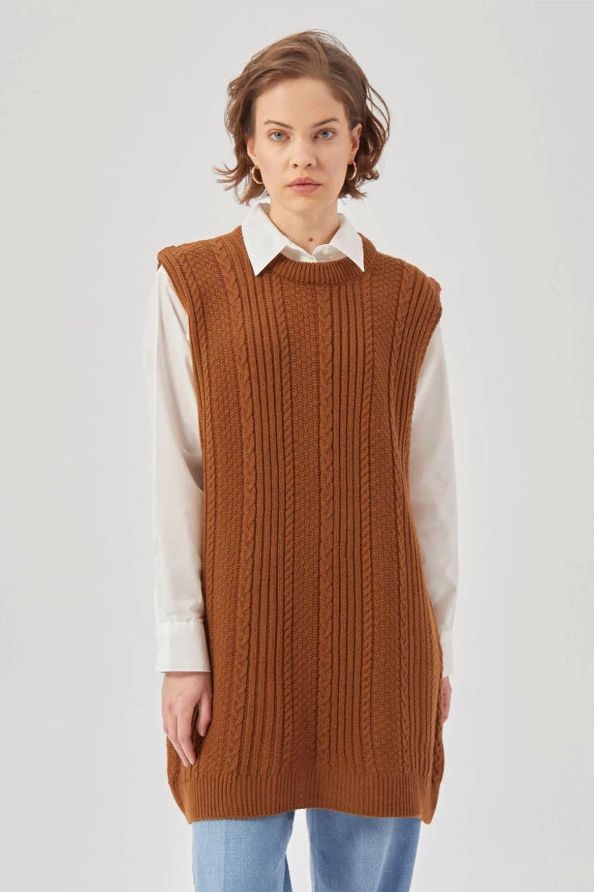 Suud Collection Kahverengi Saç Örgülü Süveter