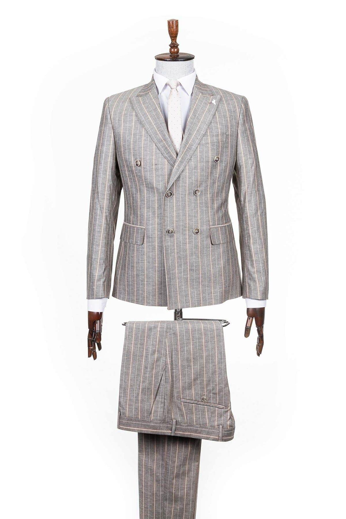 Mcr Bej Sivri Yaka Çizgili Kruvaze Takım Elbise