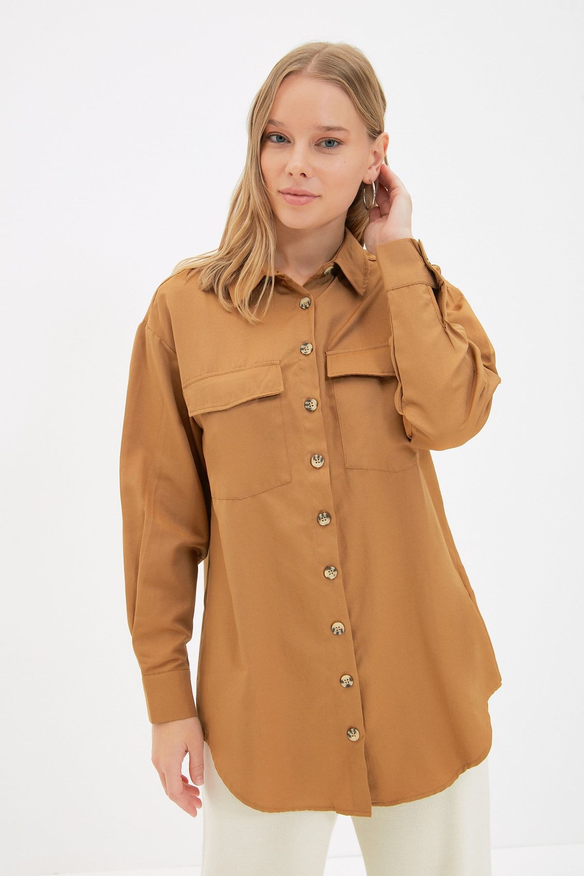 Trendyol Modest Hardal Gömlek Yaka Çift Cepli  Tunik TCTAW22UK0099