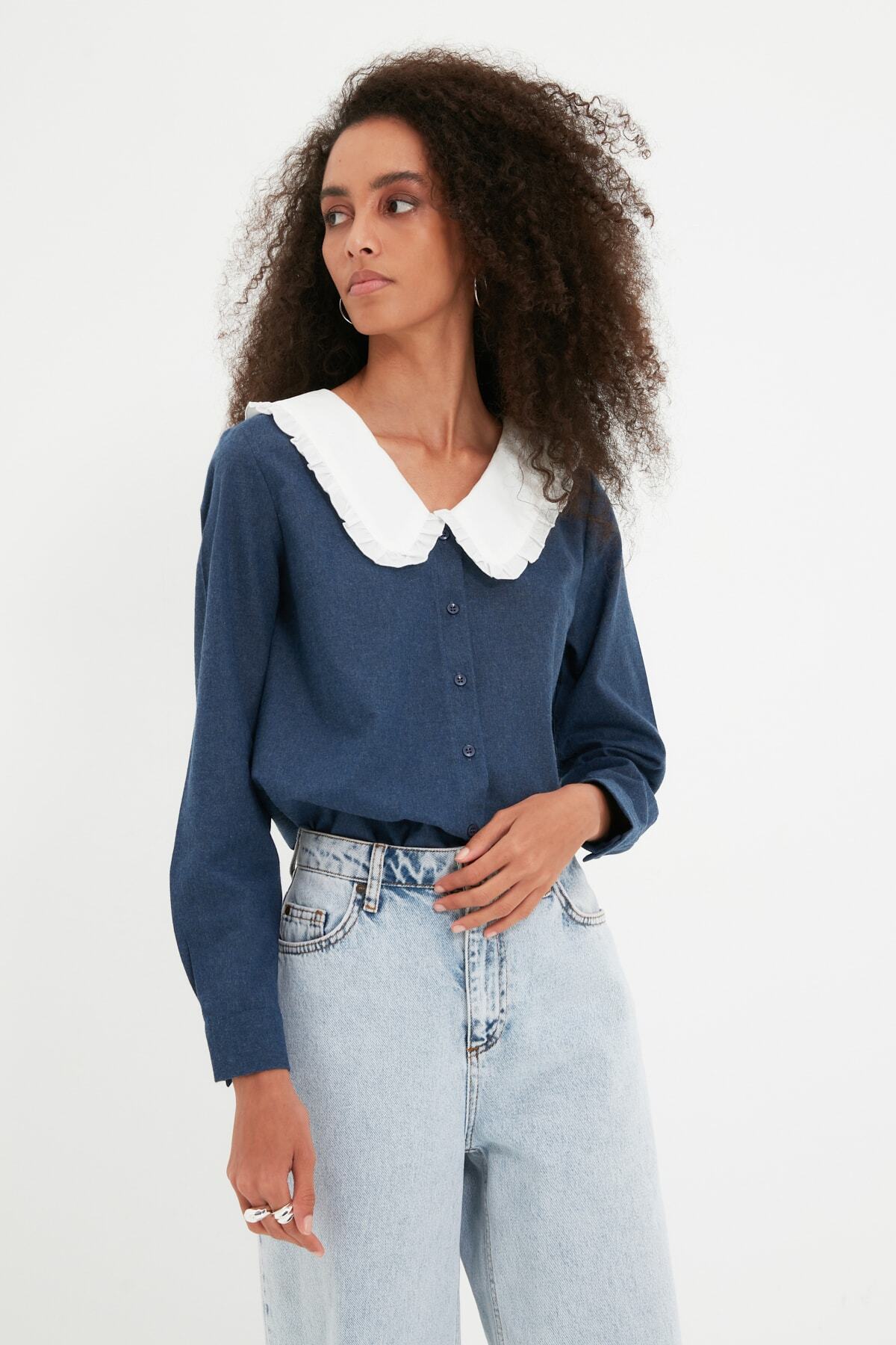 TRENDYOLMİLLA Indigo Yakalı Gömlek TWOAW22GO0170