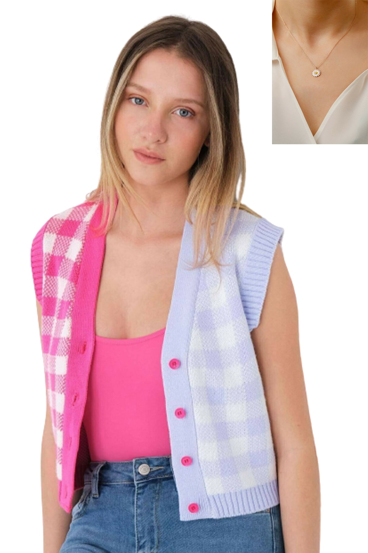 KYLE XM Kadın Yelek Lila Pembe Mint Blok Renk Crop Fit Süveter Ve Kolye