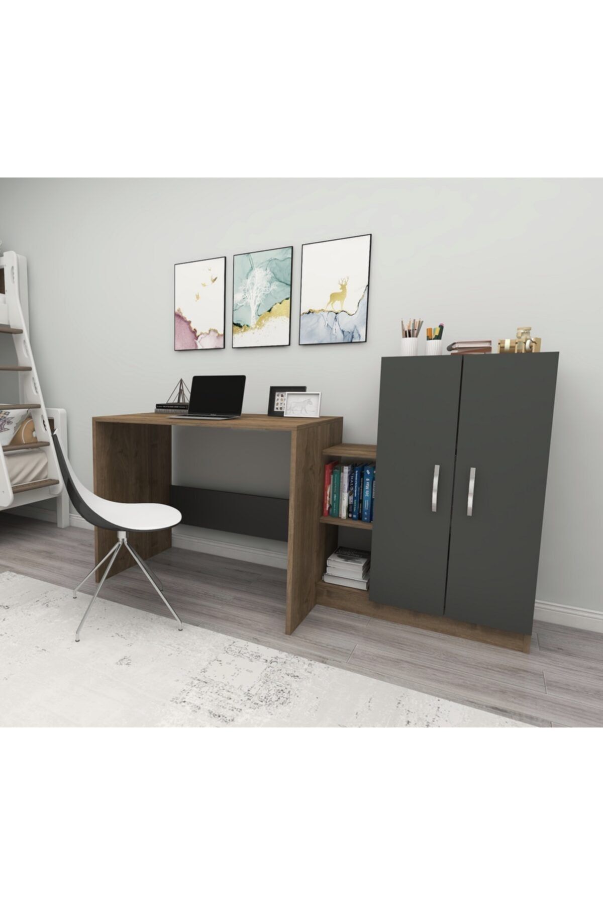 DEKOROSSO Stic Dolaplı Çalışma Masası Ceviz-antrasit