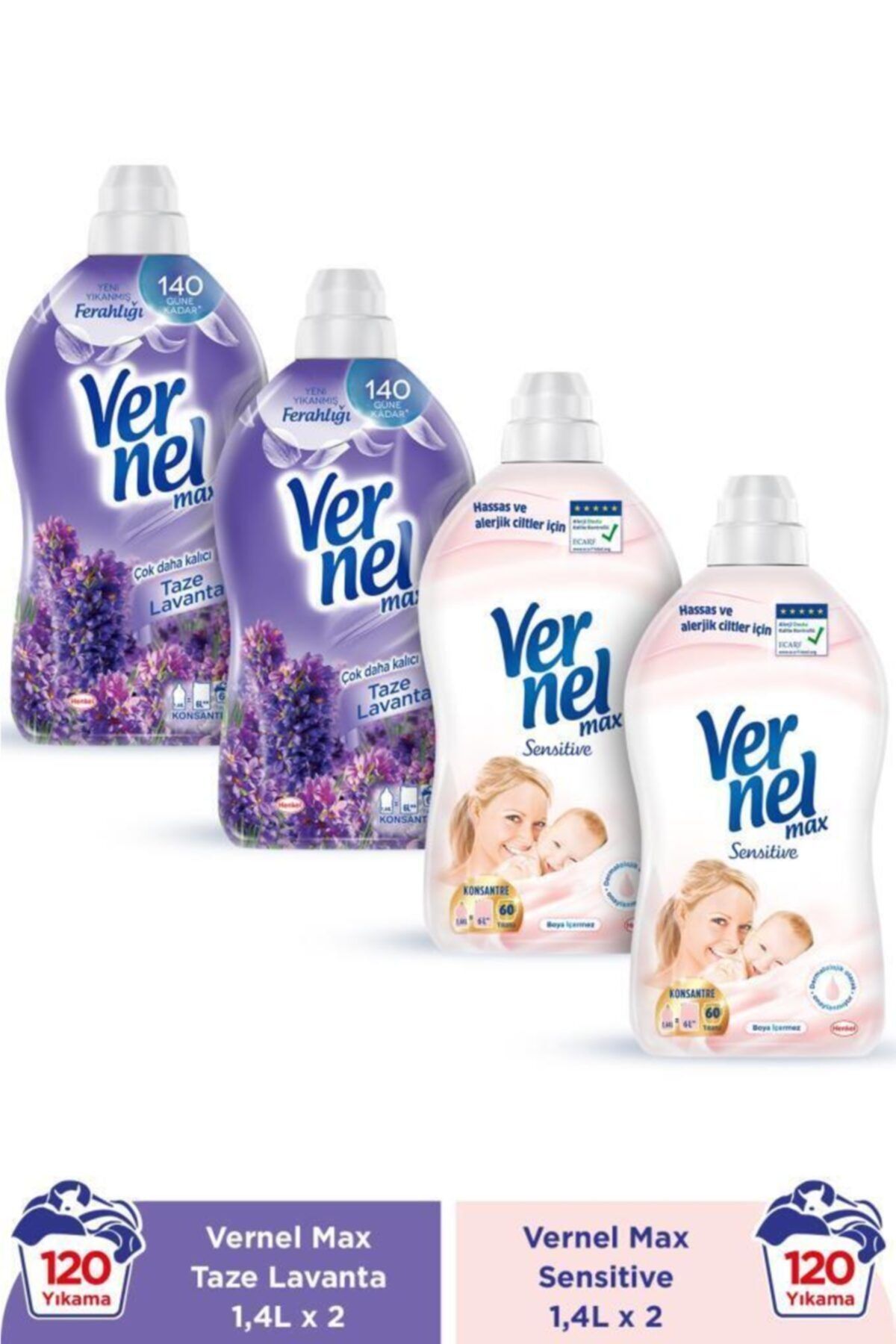 Vernel Max Konsantre Çamaşır Yumuşatıcısı 4 x 1440ml (240 Yıkama) 2 Taze Lavanta + 2 Sensitive