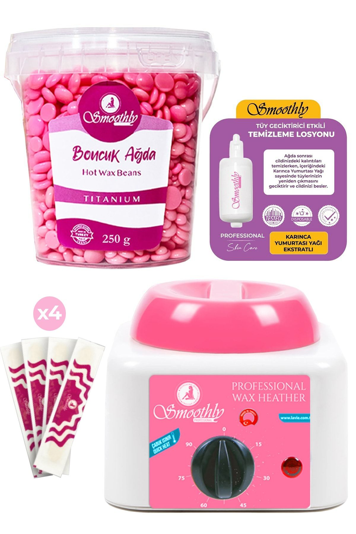 Smoothly Soyulabilen Boncuk Ağda 250gr + Ağda Isıtıcı Makine + Ağda Losyonu + Spatula Seti