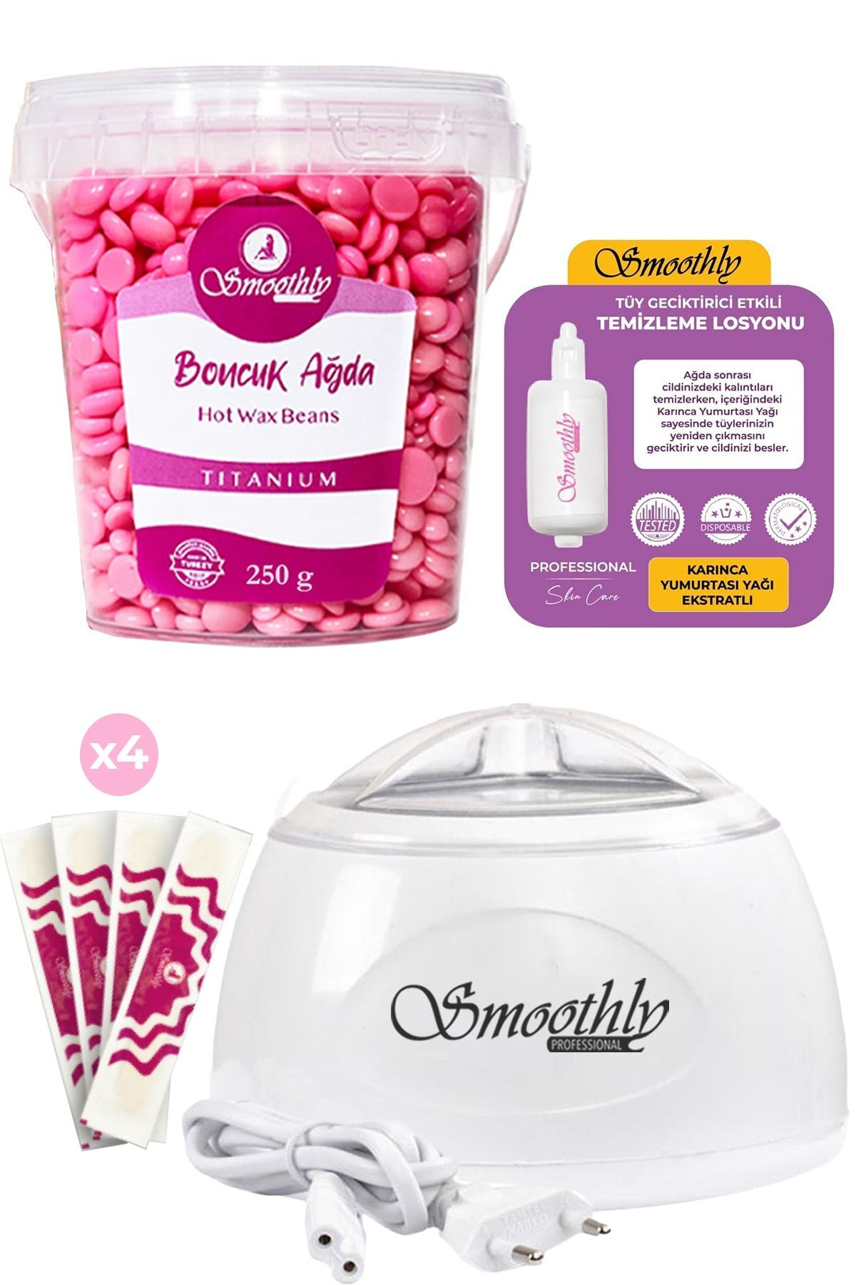 Smoothly Soyulabilen Boncuk Ağda 250gr + Ağda Isıtıcı Makine + Spatula Seti + Hijyenik Masaj & Temizleme Yağı