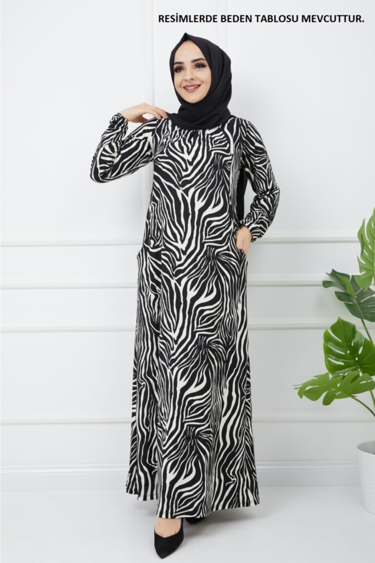 FERİZE Zebra Desenli Uzun Kollu Maxi Elbise