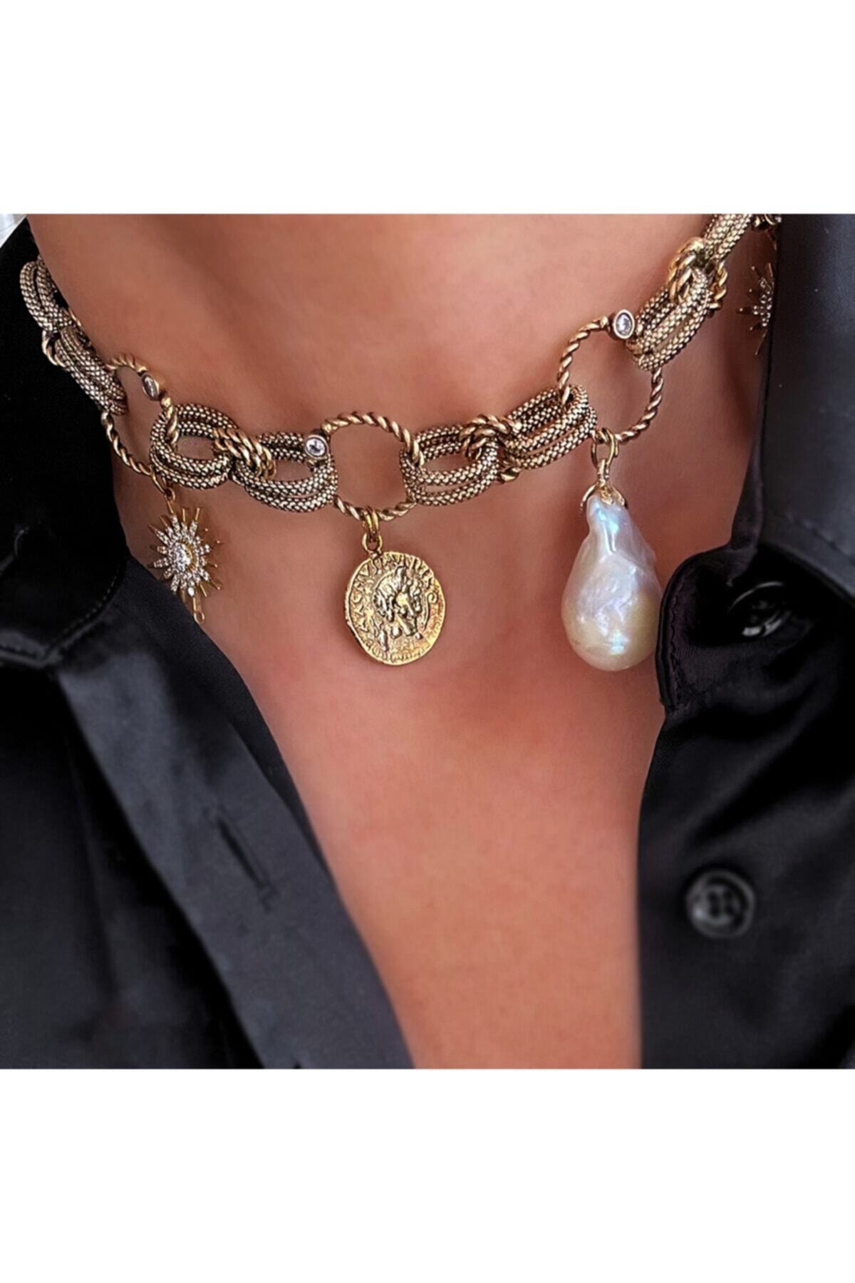 Bayemeyc Kadın Gold Royo Barok İncili Altın Kaplama Choker Kolye 35 cm