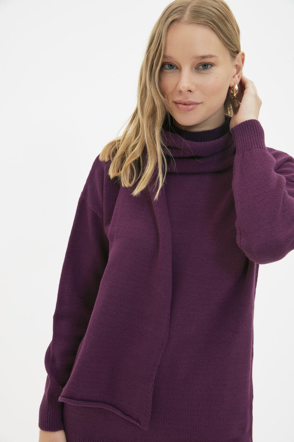 Trendyol Modest Mürdüm Şal Yaka Uzun Triko Kazak TCTAW22AK0153