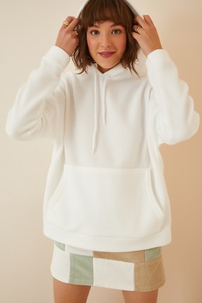 Happiness İst. Kadın Beyaz Kap&uuml;şonlu Kışlık Polar Sweatshirt ZV00047