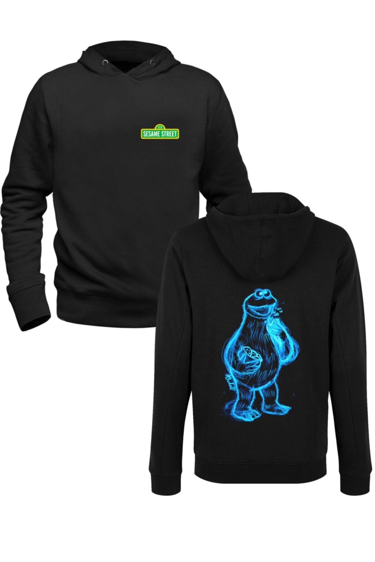 Alfa Tshirt Unisex Susam Sokağı Baskılı Siyah Ön Arka Baskılı Sweatshirt