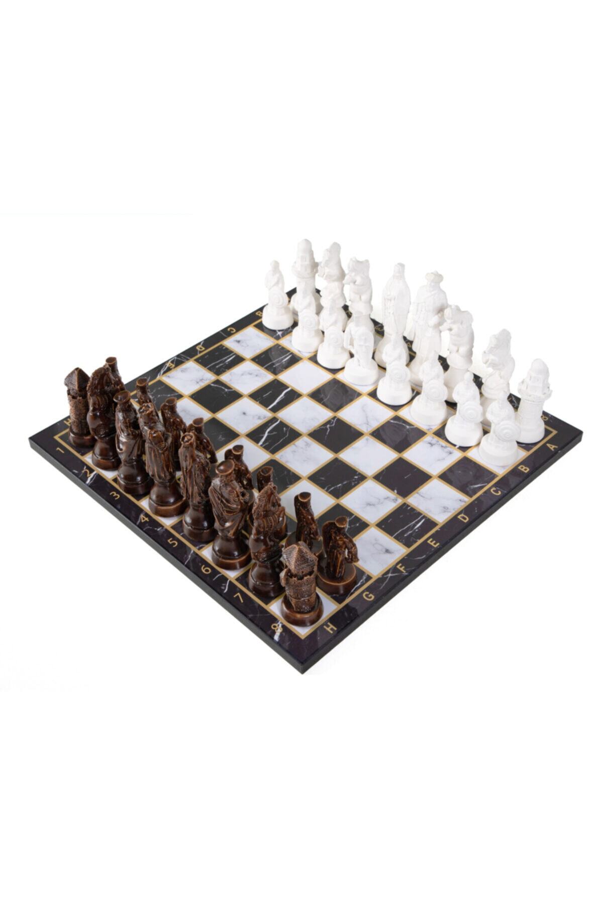 elife shop Lüks Lüle Taşı Satranç Takımı Osmanlı Vs. Bizans Savaşları Bronz Set & Siyah Mermer Desenli Tahta