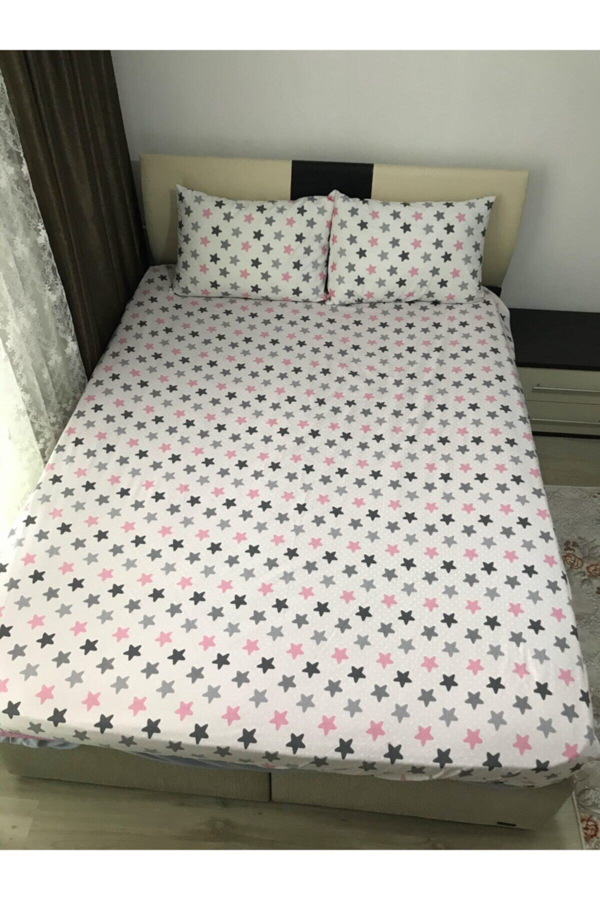 SNR HOME COLLECTION King Size Pembe Yıldızlı Lastikli Çarşaf Takımı (180x200 Battal Boy)