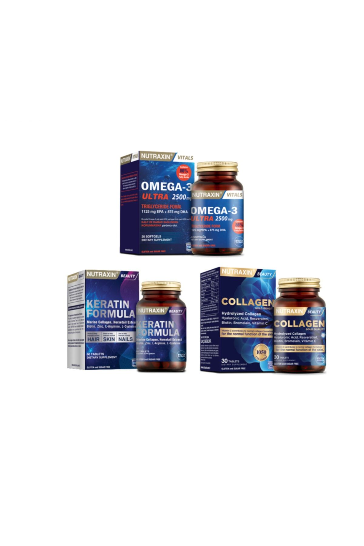 Nutraxin Omega 3 Ultra 2500 Mg Balık Yağı 30 Kapsül + Hidrolize Kolajen 30 Tablet + Keratin Formula 60 Tablet