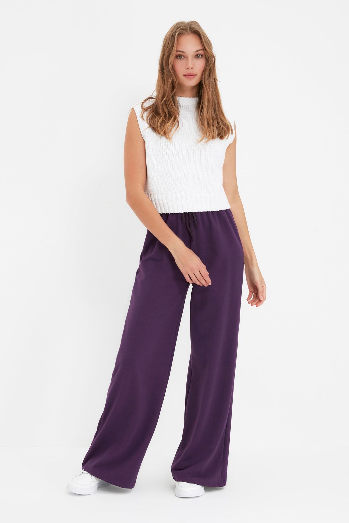 TRENDYOLMİLLA Mor Petite Wide Leg Örme İnce Eşofman Altı TWOAW22EA0120