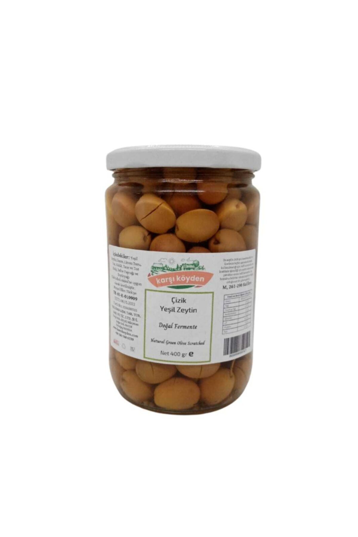 Karşı Köyden Doğal Salamura Çizik Yeşil Zeytin (400gr - Cam Kavanoz)