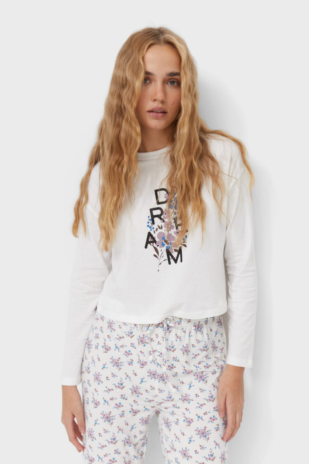 Stradivarius Kadın Ekru Uzun Kollu Pijama Üstü