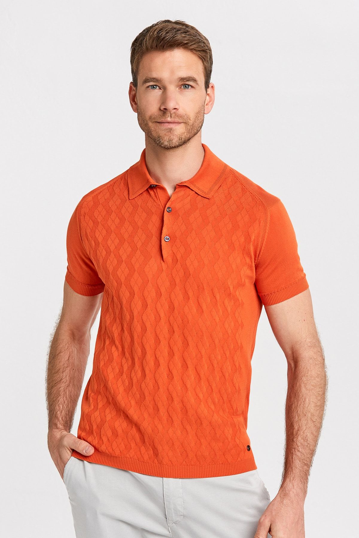 Hemington Pamuk Baklava Desenli Turuncu Triko Polo Yaka T-shirt