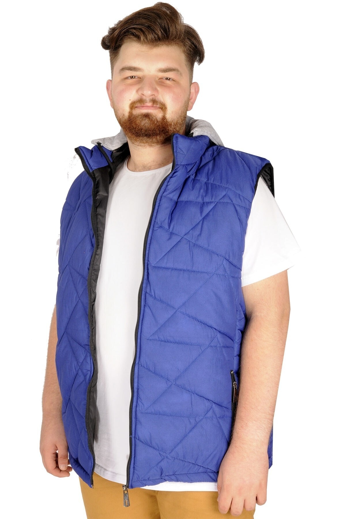ModeXL Büyük Beden Erkek Yelek Basic Kapşon 21679 Indigo