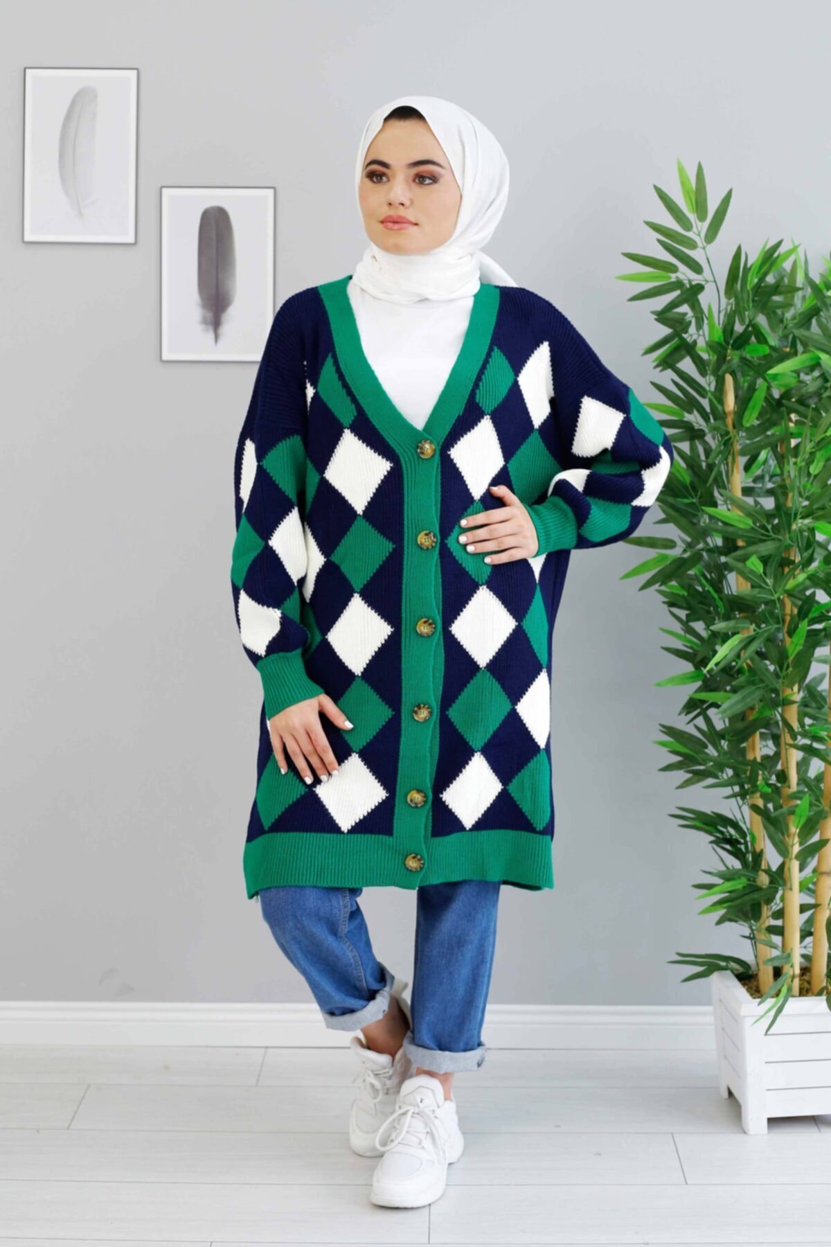 İmajButik Kalın Örgü Triko Hırka/lacivert/yeşil