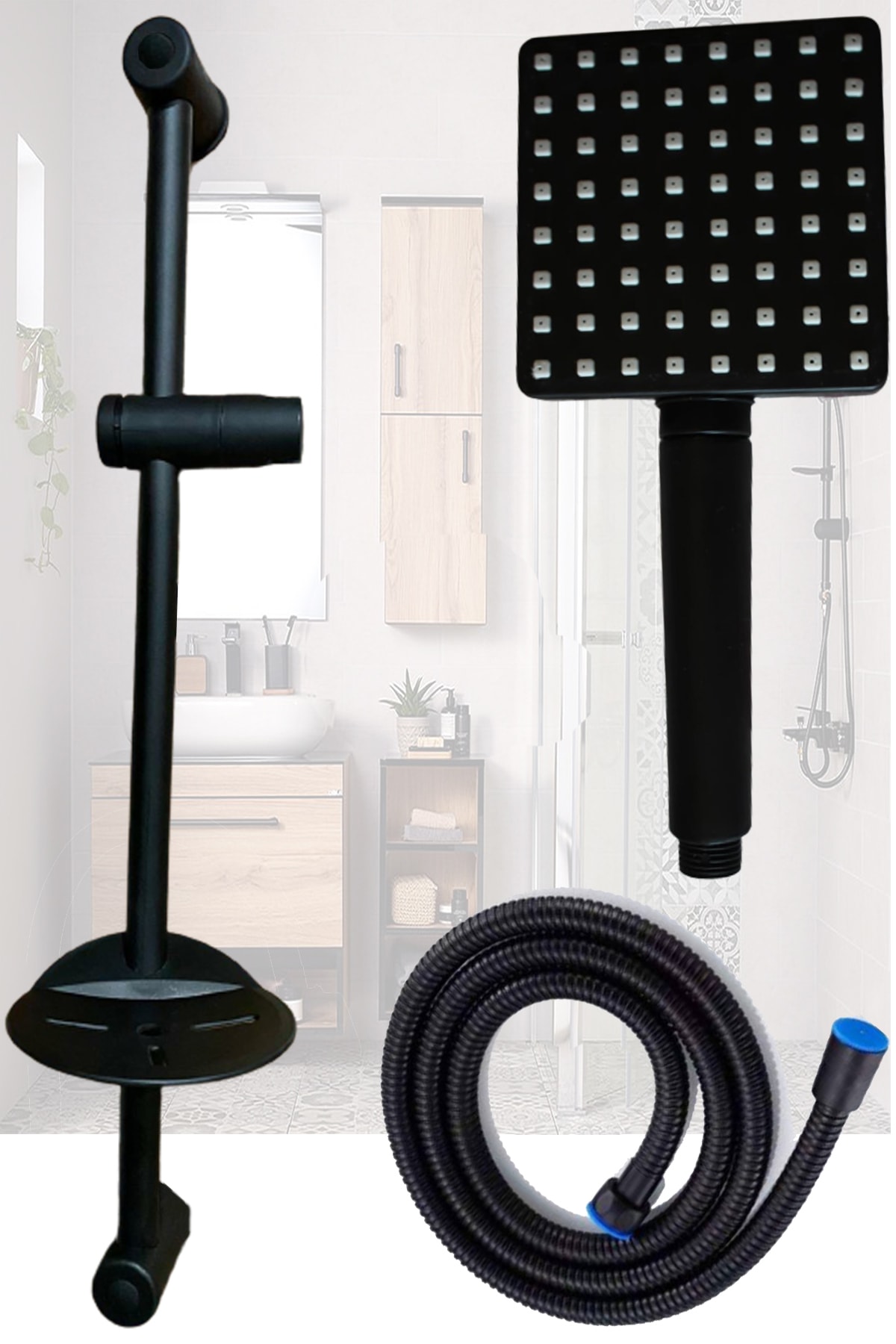 özbay ısı sanayii ö şekil Sürgü Duş Seti El Duşu Spiral Sürgü Borusu Banyo Duş Takımı Duş Başlığı, Duş Hortumu Siyah Renk Set