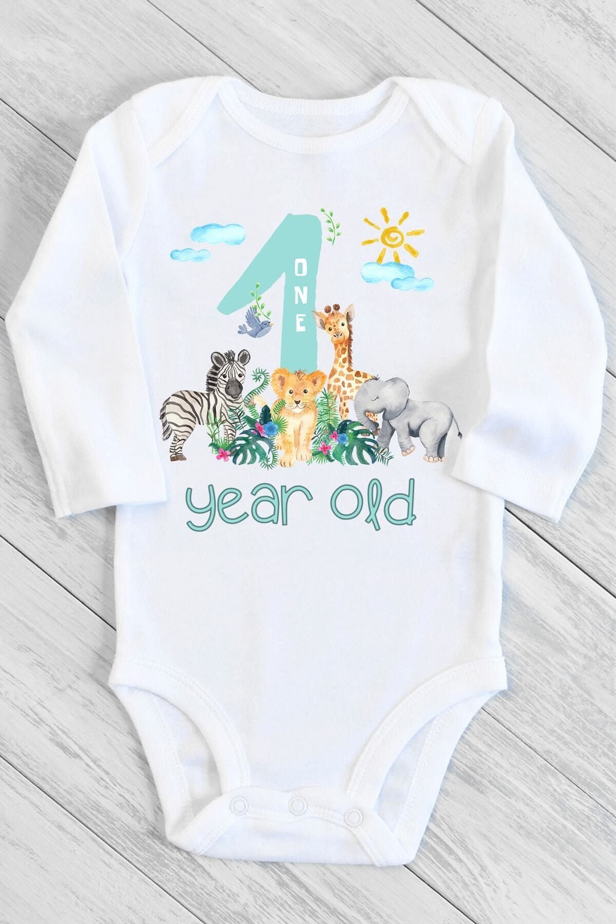 BabyLimon Unisex Bebek Beyaz 1 Yaş Safari Çıtçıtlı Body