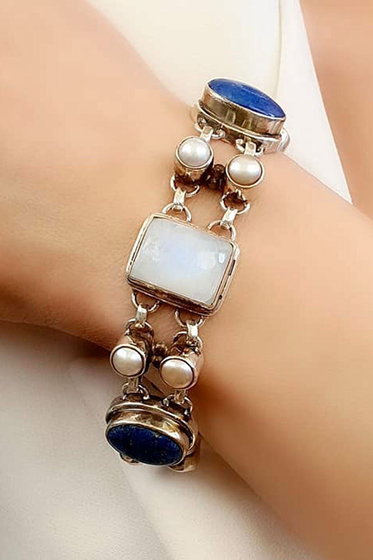 OSESHOP Lapis Ay Taşı Barok Incili 925ayar Gümüş Koleksiyon Tasarım Bileklik