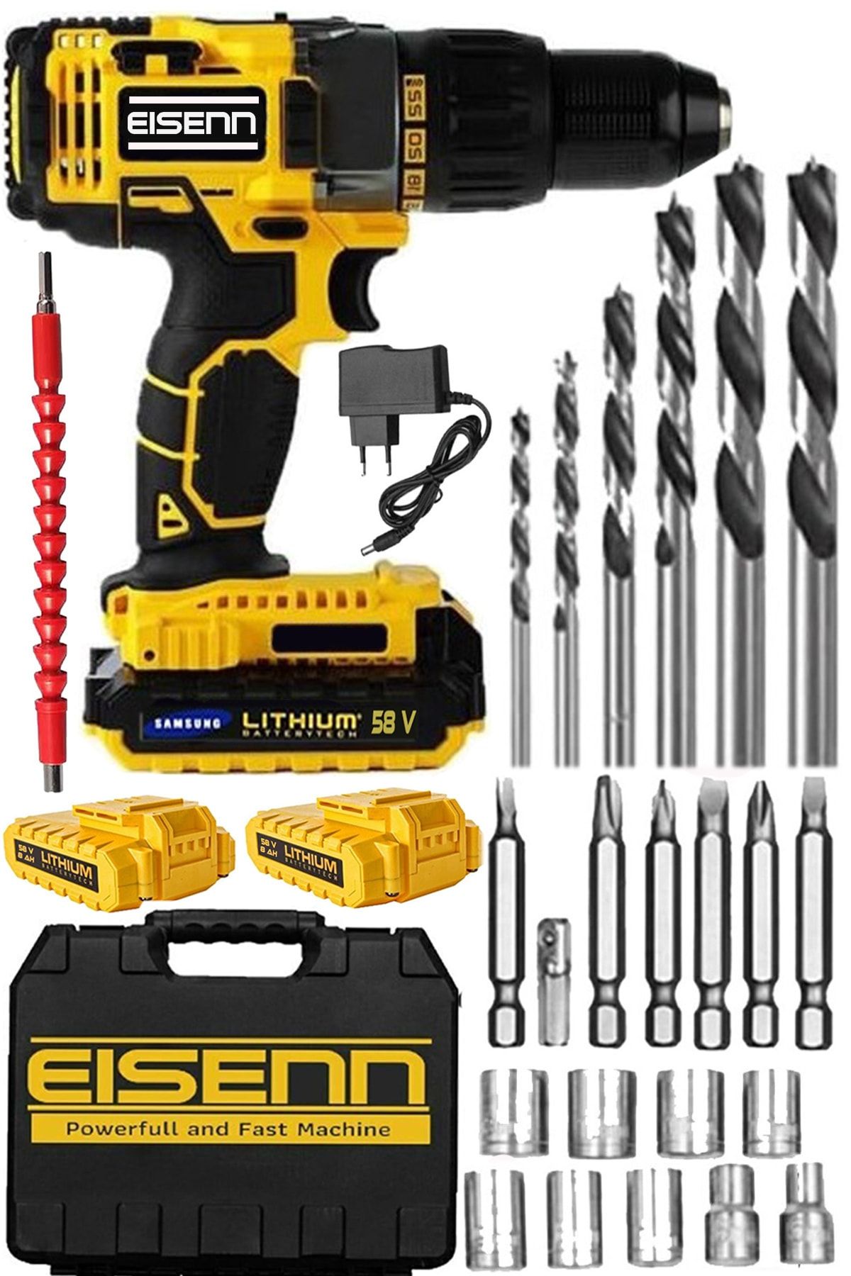 Eisenn Germany Technology Steelsafe 58 V Darbeli Samsung Çift Akülü Vidalama Matkap Yardımcı Set Hediye
