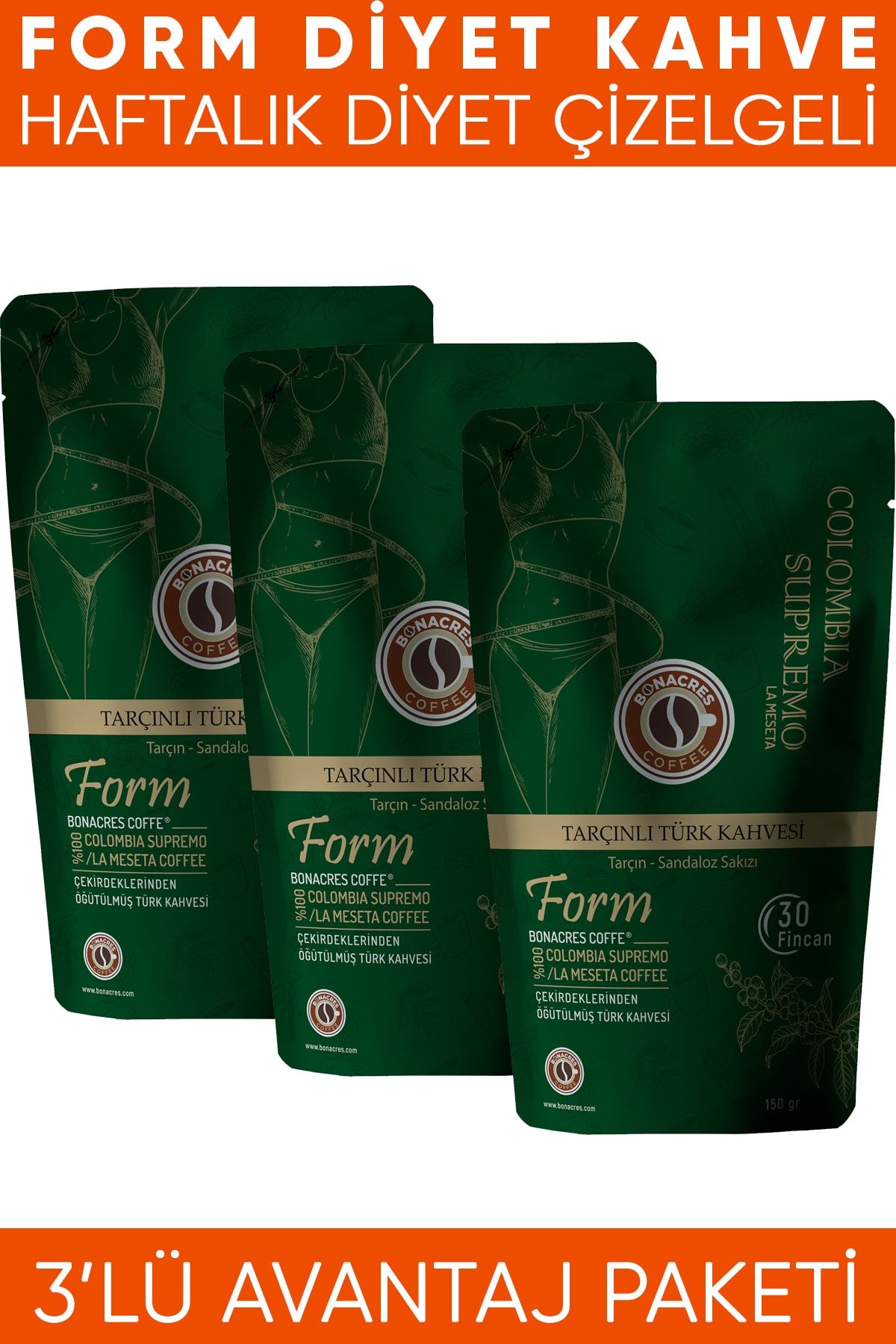 Bonacres Form Tarçınlı Yağ Yakıcı Diyet Kahve 3'lü Paket 45 Günlük