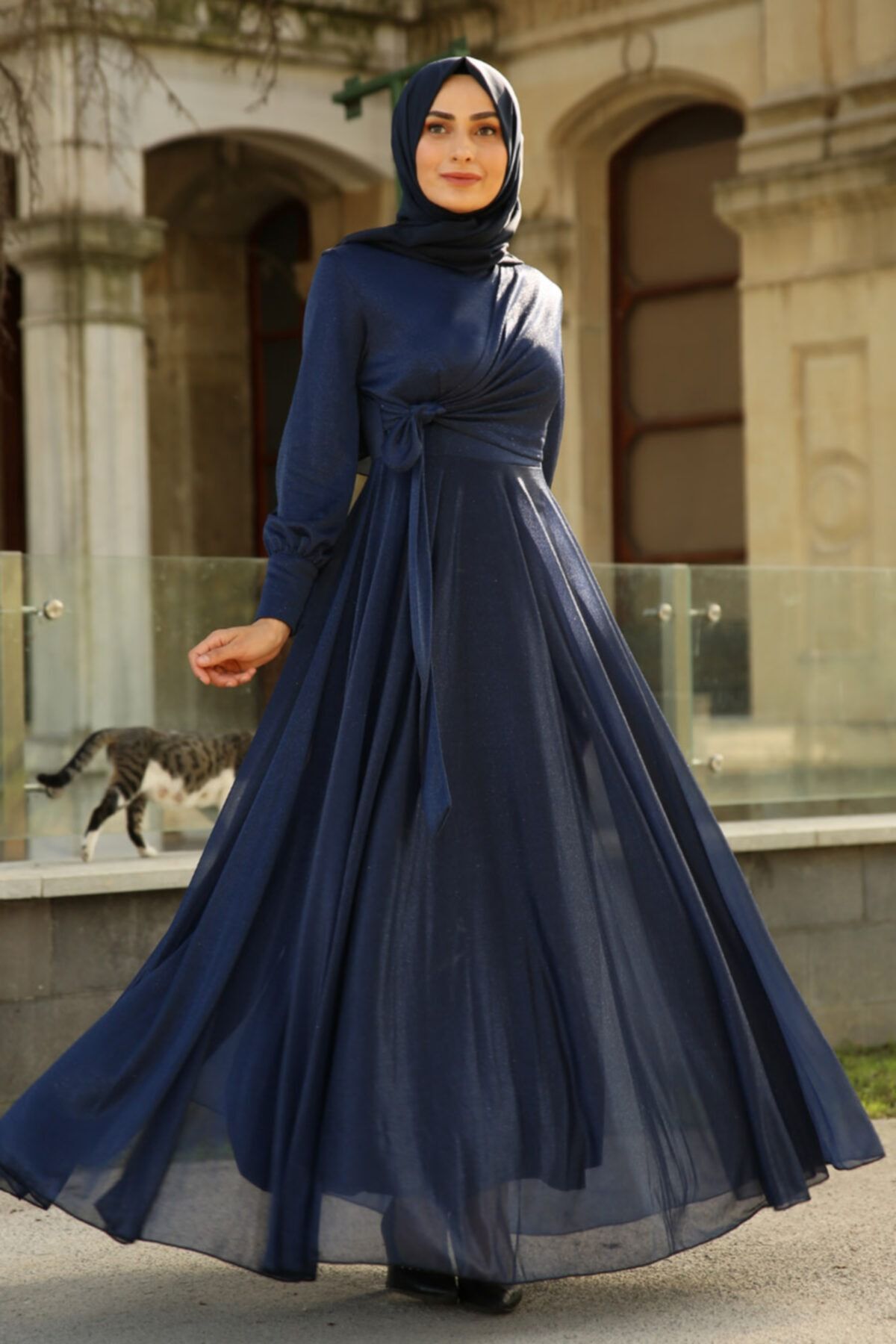 Feiza Collection Kiloş Model Simli Tesettür Abiye Elbise - Lacivert