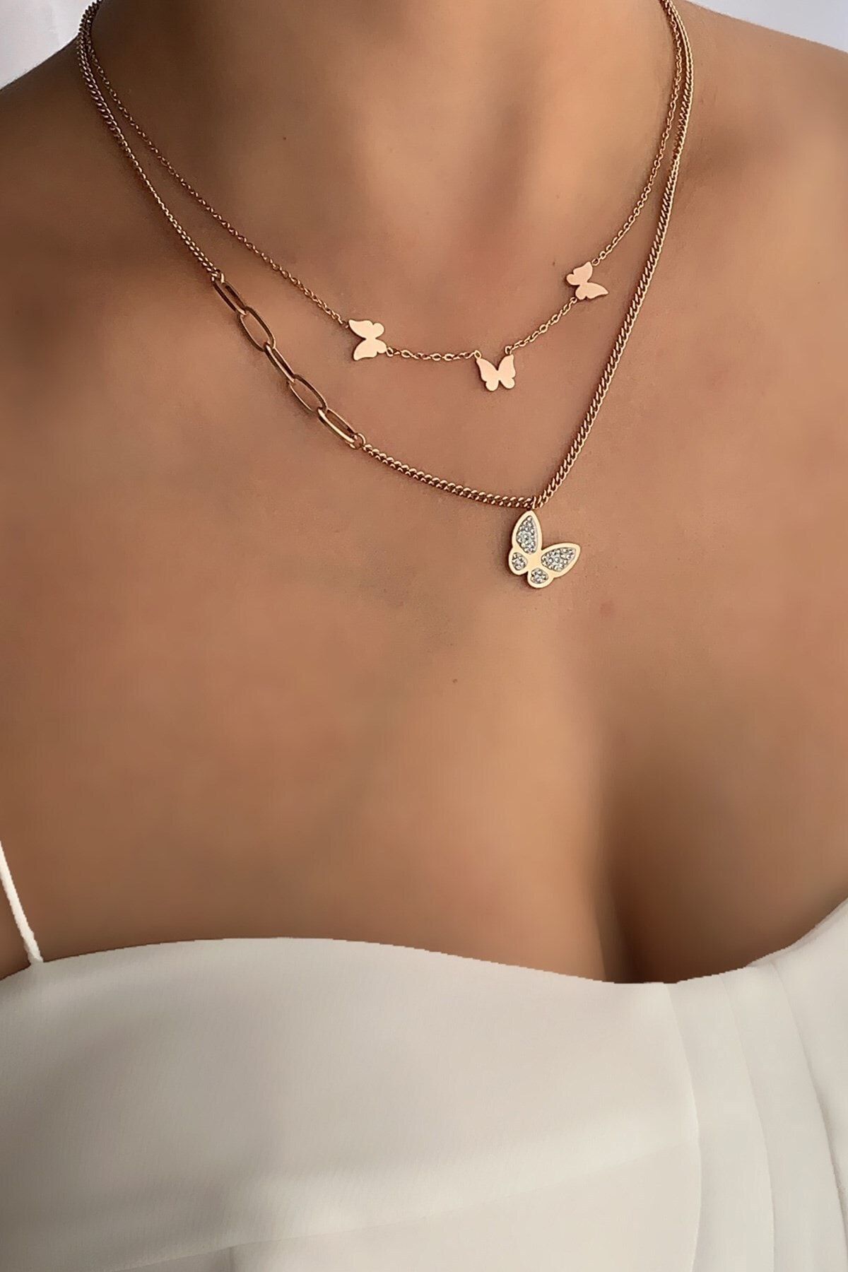 Çlk Accessories Çelik 2 Li Kelebek Figür Çelik Kolye Trkolye5681 B35003