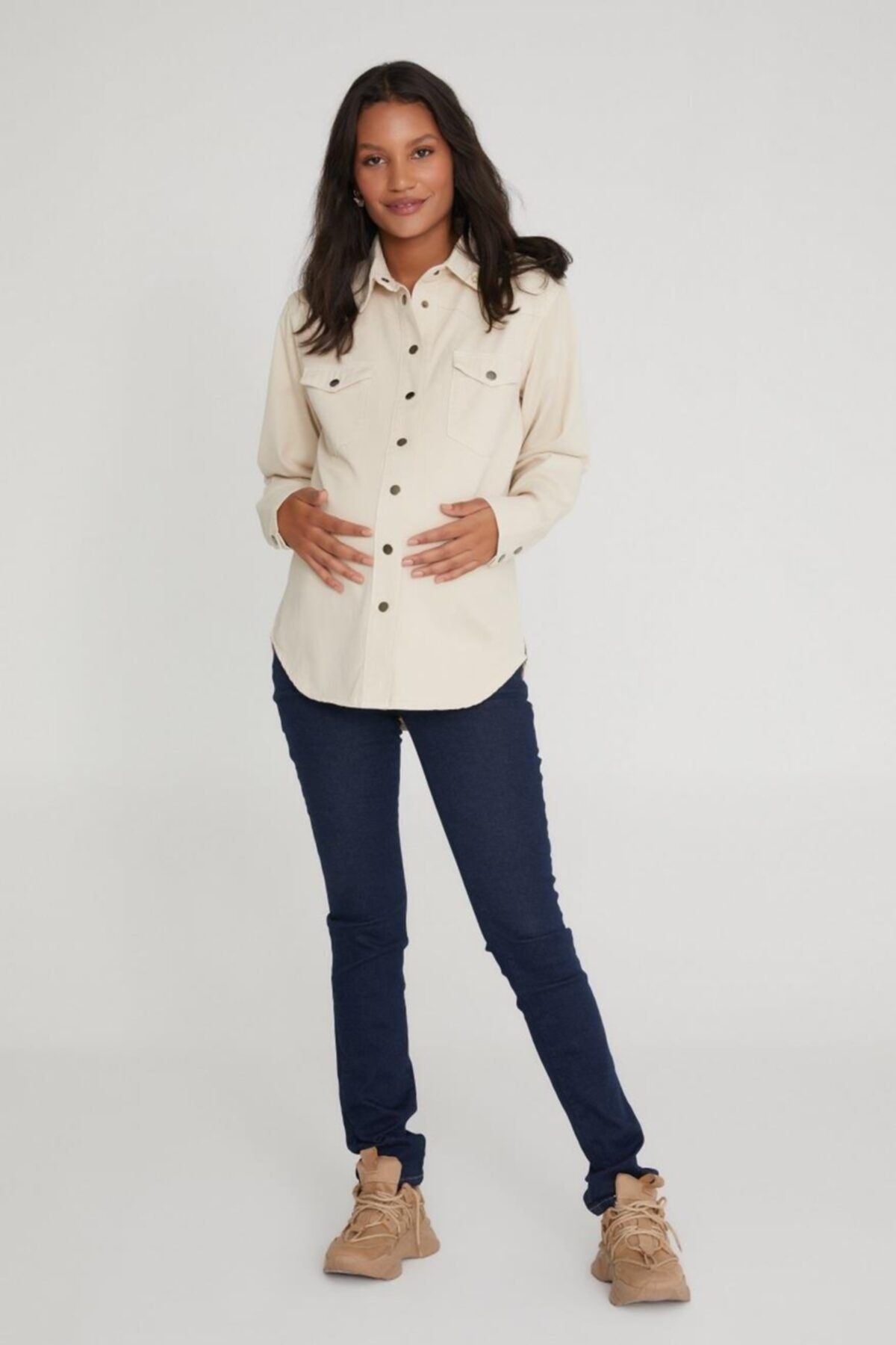 VAVIEN Loose Fit Bej Gömlek 1042