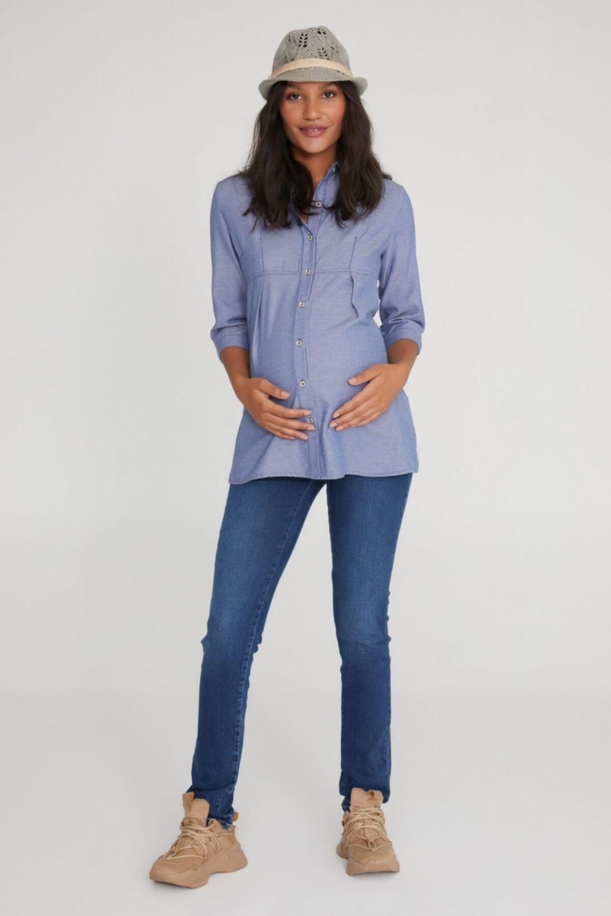 VAVIEN Hamile Jean Likralı Denim Pantolon Slim Fit Koyu Mavi 1014