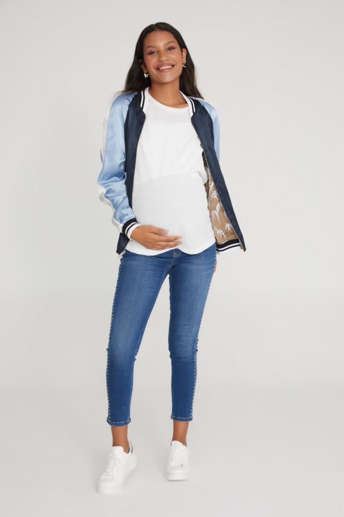 VAVIEN Kadın Hamile Skinny Denim Kuşgözü Taş Yapıştırma Pantolon Mavi 1089