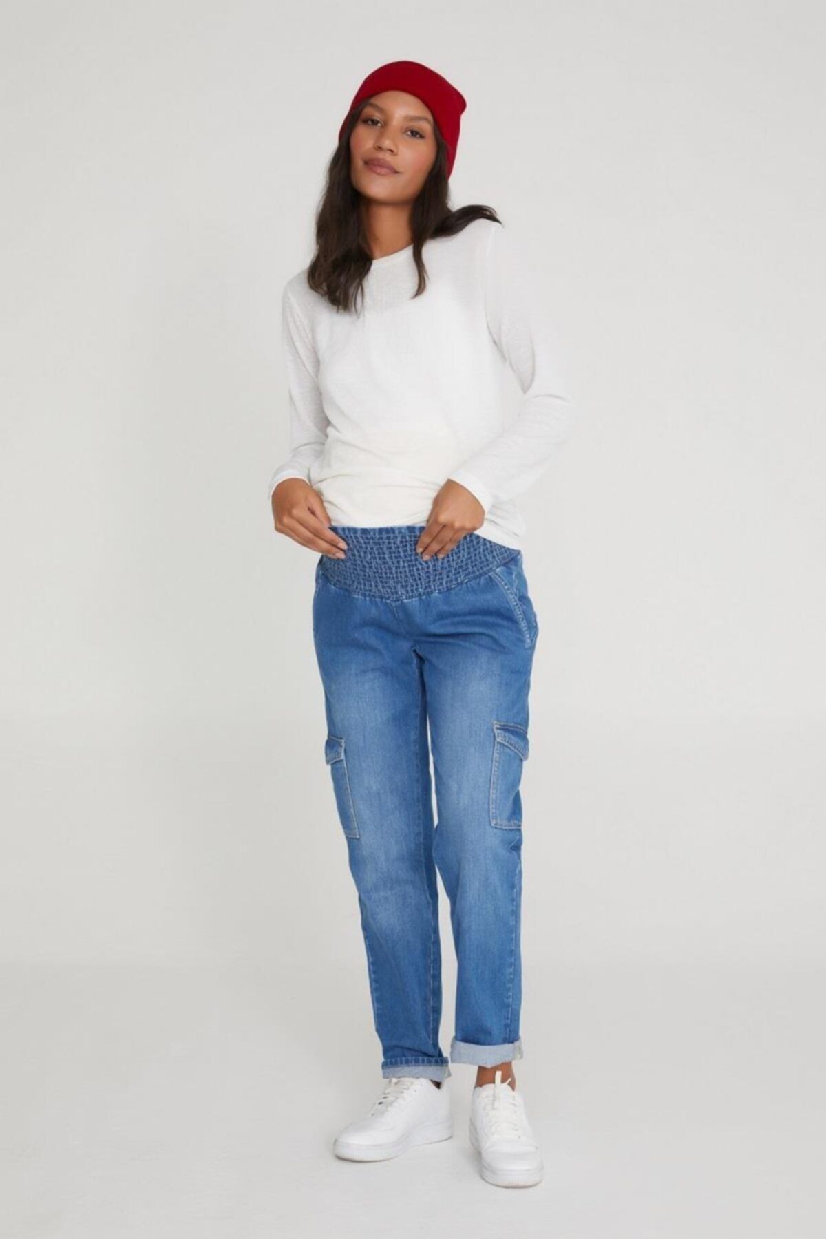 VAVIEN Kadın Koyu Mavi Organik Denim Kargo Ceplik Pantolon