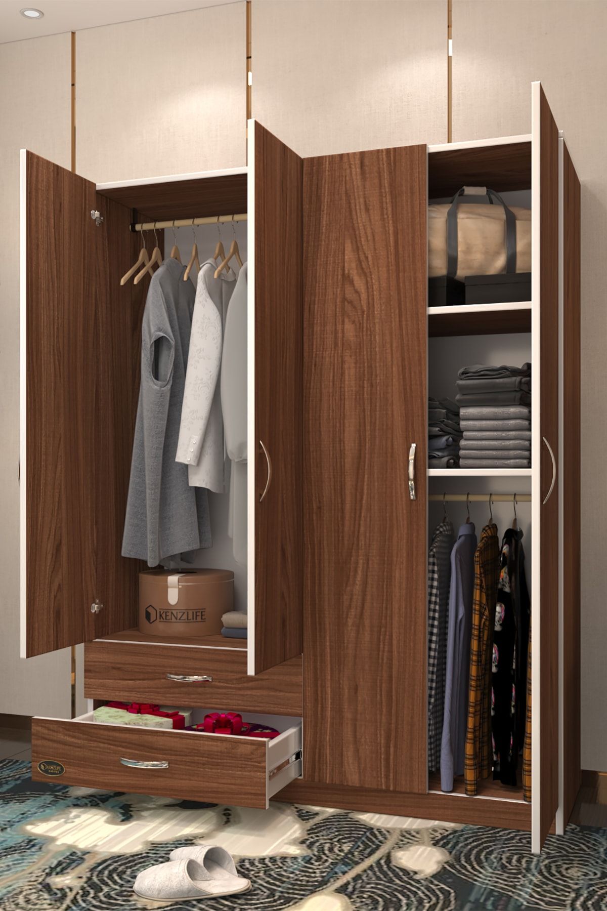 Kenzlife gardırop 4 kapaklı kapılı 2 çekmeceli orkide cvz gardolap dolap