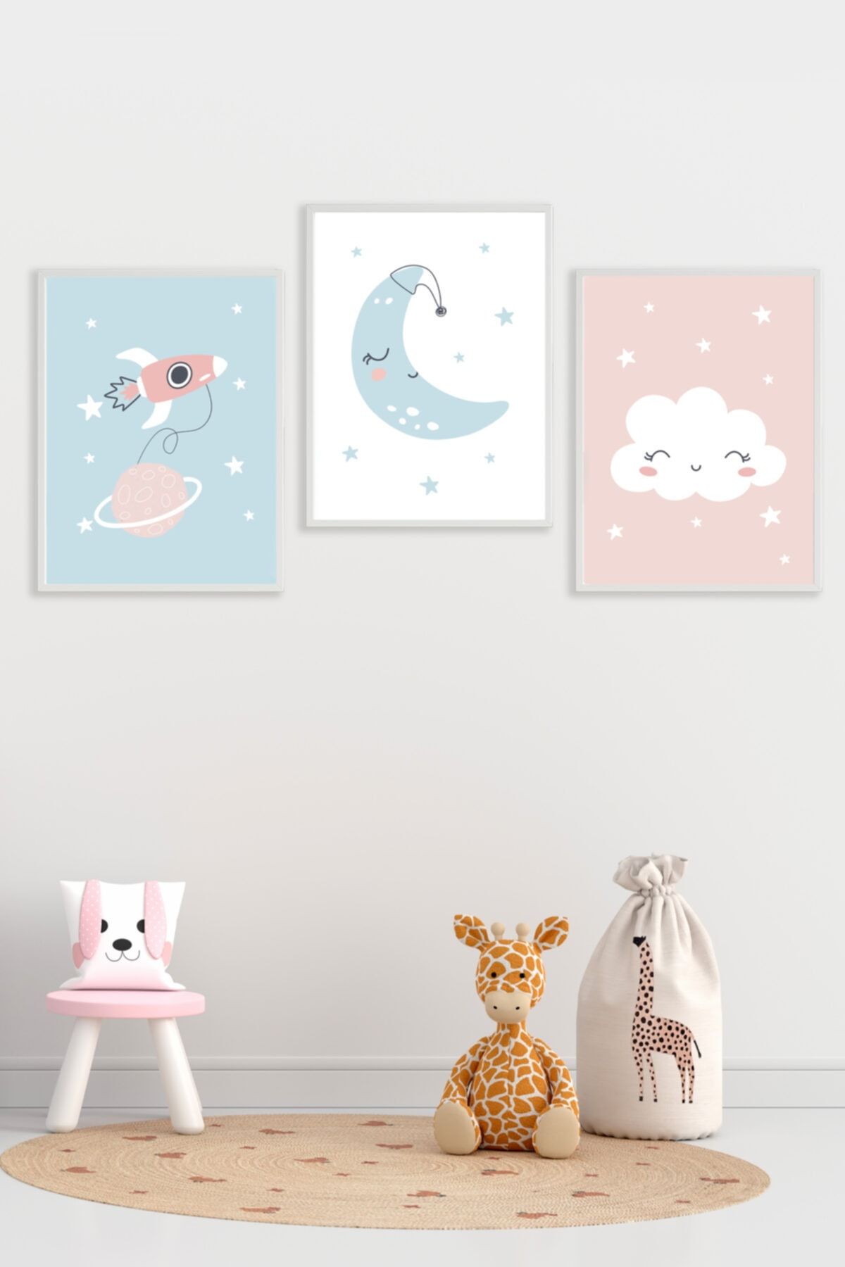 By Nur Erten Çerçeveli Bebek Çocuk Odası Tablosu Bulut Ay Roket 3'lü Set 21x30 cm