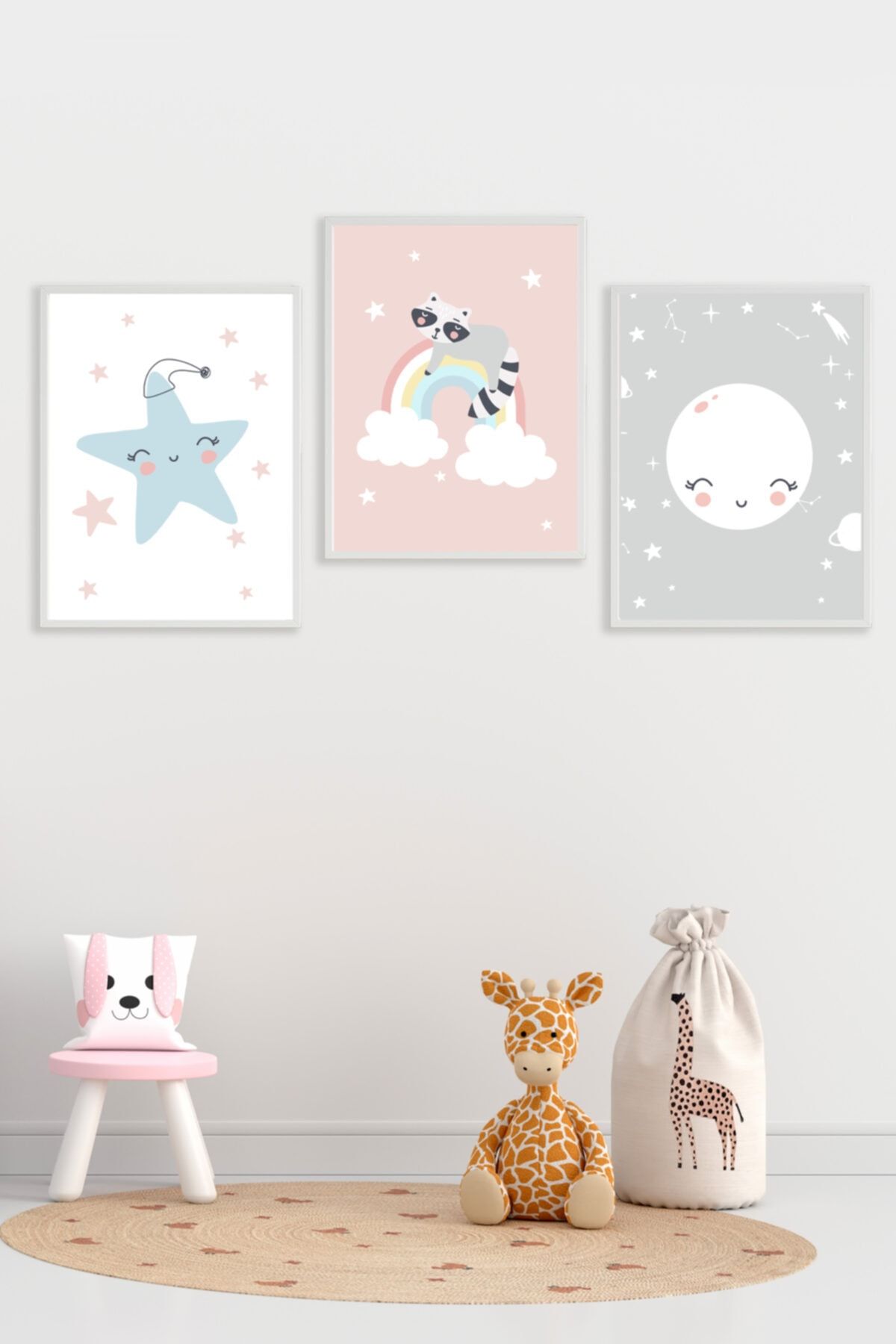 By Nur Erten Çerçeveli Bebek Çocuk Odası Tablosu Good Night Yazısız 3'lü Set 21x30 cm