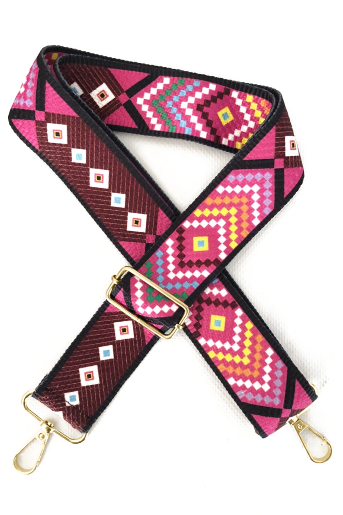 Alfa Tasarım Polyester Kolon Ayarlanabilir Çanta Sapı - Telefon Askısı (120 CM) Altın Aksesuarlı / Etnik Desen