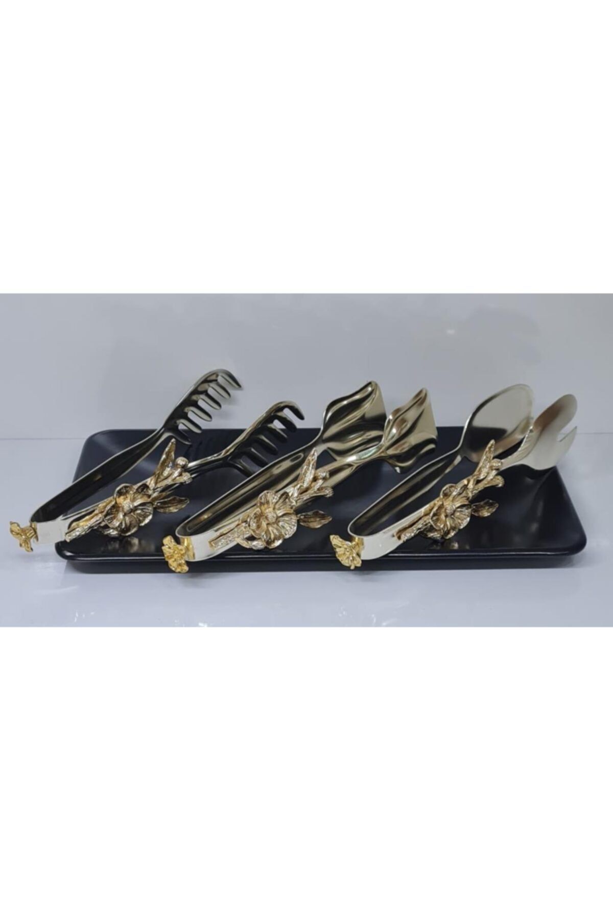 Mondecor Shm Japon Gülü 3 Parça Gümüş / Gold Metal Servis Maşa Takımı Mtl-021