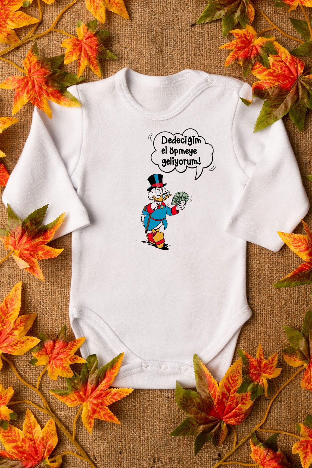 Overoz Daffy Duck Dede %100 Pamuklu Organik Baskılı Beyaz Çıtçıtlı Body Zıbın Uzun Kollu Badi 8070